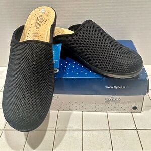 Fly Flot Black Mesh Slip on Mules Size 10 (41) Made in Italy